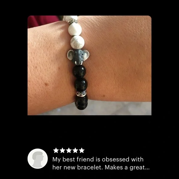 Elephant Natural Stone Beaded Bracelet - Onyx & Howlite Stones with Meaning Card - Picture 3 of 3